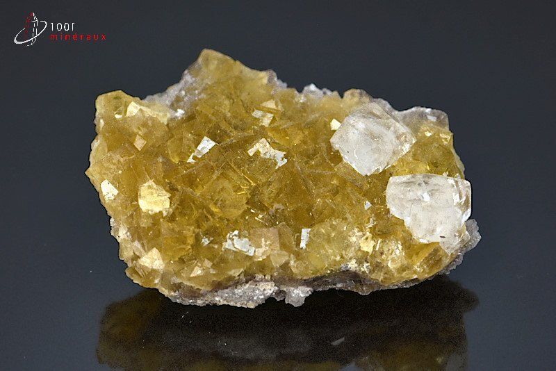 Calcite cristallisée sur Fluorine jaune - Espagne - minéraux à cristaux 6 cm / 62g / BK941